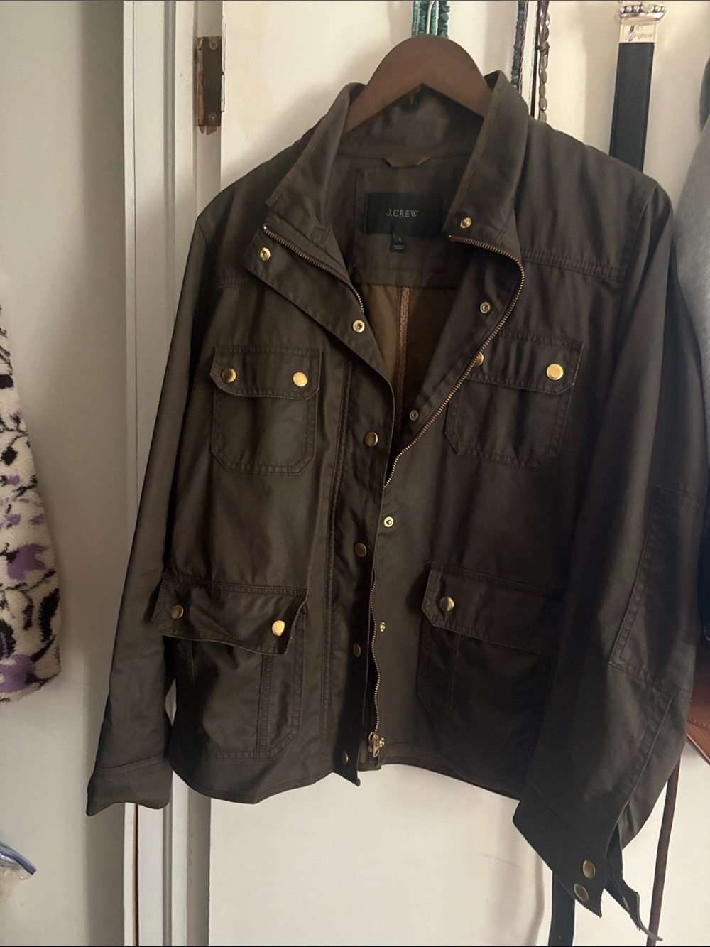 J. Crew Men's Olive Brown Military Field Jacket with Brass Hardware